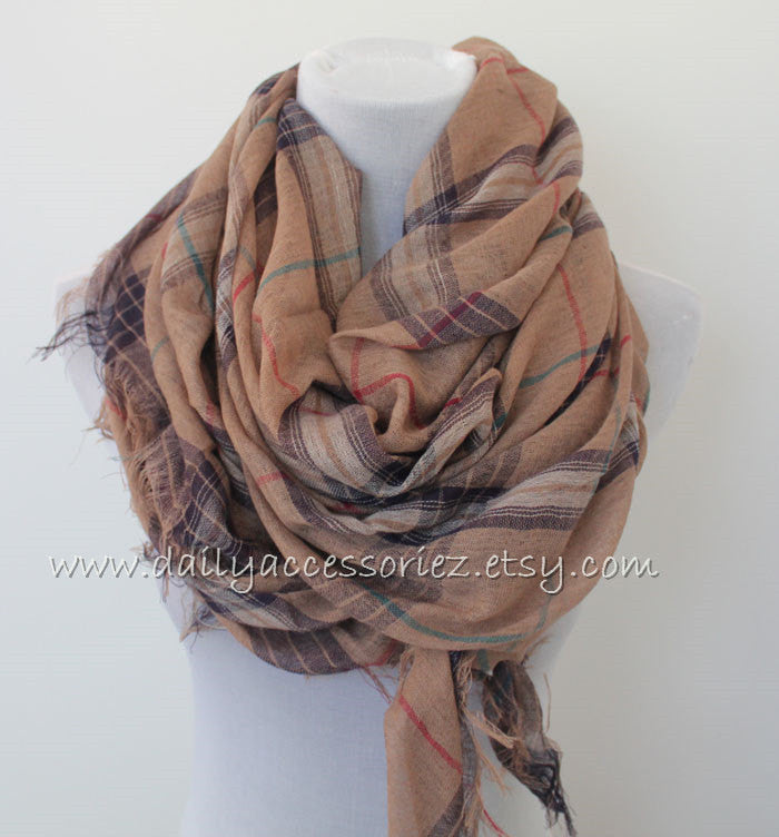 Large Brown Plaid Scarf with Fringes - Bean Concept - Etsy