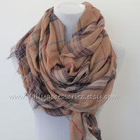 Large Brown Plaid Scarf with Fringes - Bean Concept - Etsy