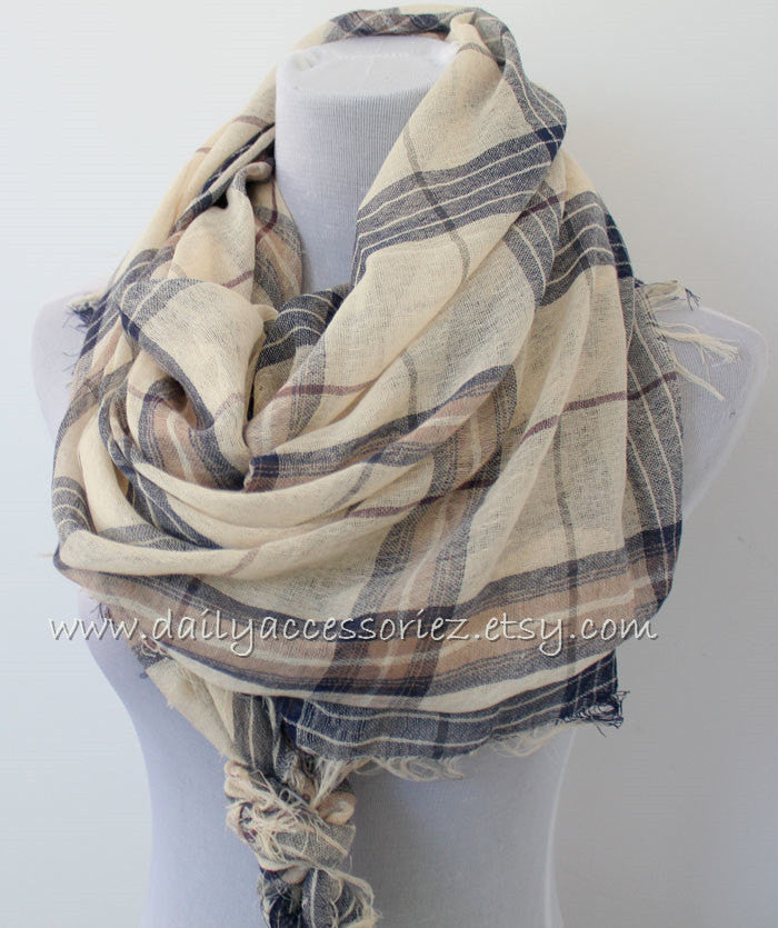 Large Brown Plaid Scarf with Fringes - Bean Concept - Etsy