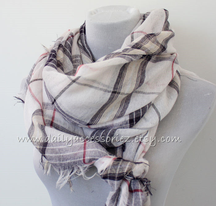 Large Brown Plaid Scarf with Fringes - Bean Concept - Etsy
