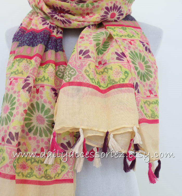 Flower Color Block with Tassels Scarf - Bean Concept - Etsy