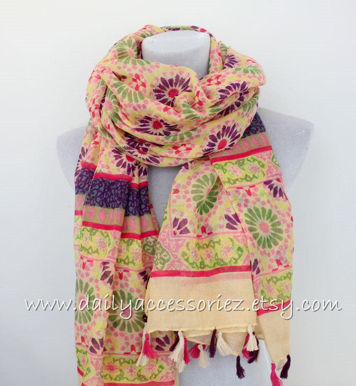Flower Color Block with Tassels Scarf - Bean Concept - Etsy