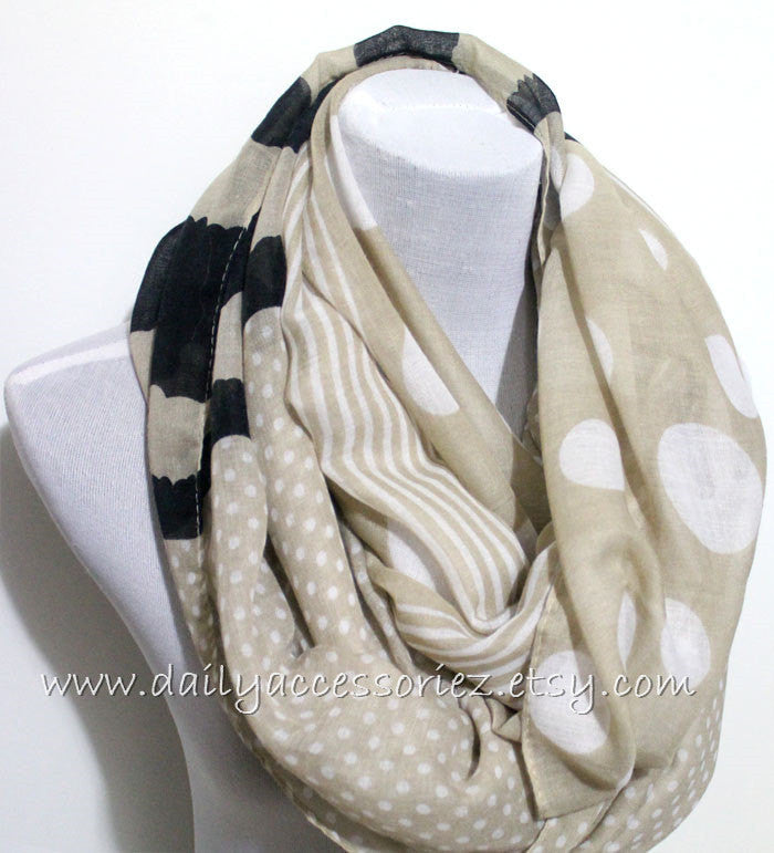 Khaki and Black Polka Dot Infinity Scarf - Bean Concept - Etsy