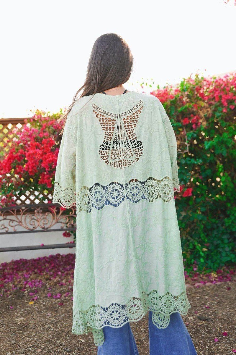Lace Crochet Long Kimono in Sage Green