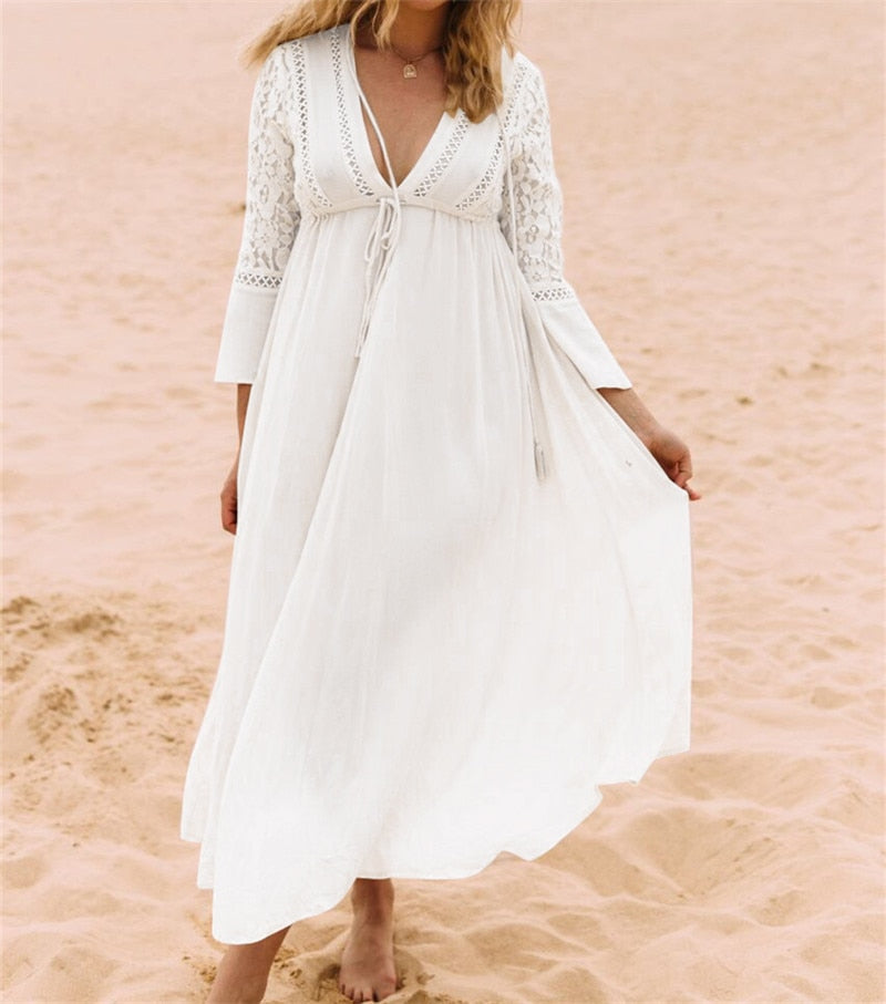 Boho Long Dress with Lace Sleeves - Bean Concept - Etsy