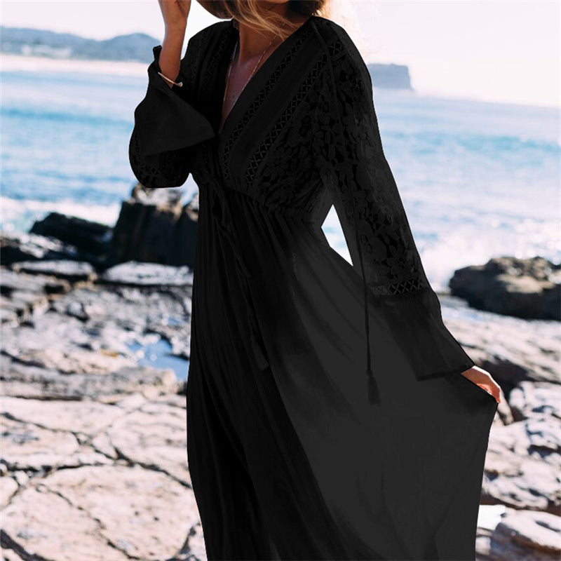 Boho Long Dress with Lace Sleeves - Bean Concept - Etsy