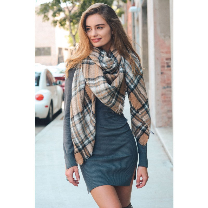 Khaki Brown Plaid Blanket Scarf - Bean Concept - Etsy